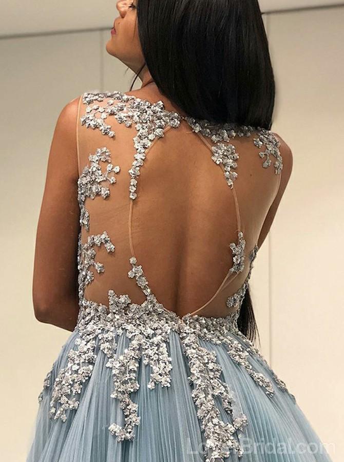 Sexy Open Back See Through Open Back A-line Long Evening Prom Dresses, Cheap Custom Sweet 16 Dresses, 18555