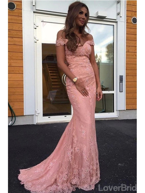 Sexy Peach Mermaid Off Shoulder Cheap Long Prom Dresses,Evening Party Dresses,12630