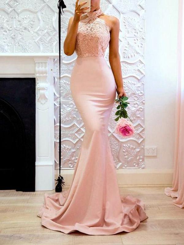 Sexy Pink Mermaid Halter Sleeveless Cheap Long Prom Dresses Online,12448