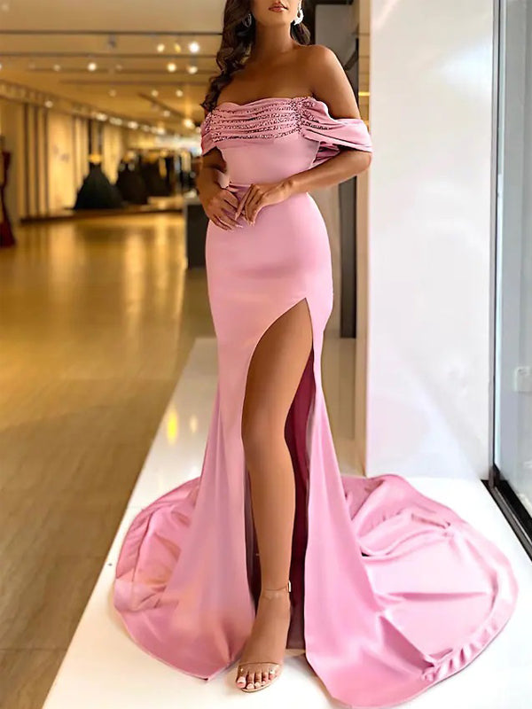Sexy Pink Mermaid High Slit Off Shoulder Long Prom Dresses,Evening Dresses,12896