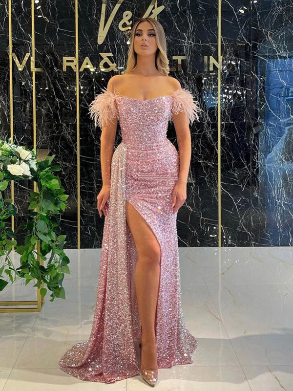 Sexy Pink Mermaid Off Shoulder Side Slit Maxi Long Prom Dresses,Evening Dresses,12950