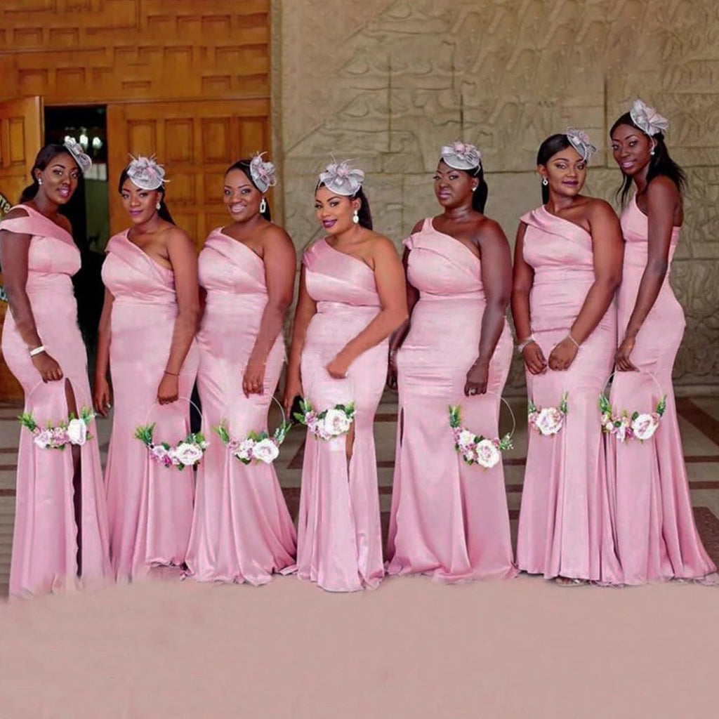 Sexy Pink Mermaid One Shoulder High Slit Long Bridesmaid Dresses Gown Online,WG934