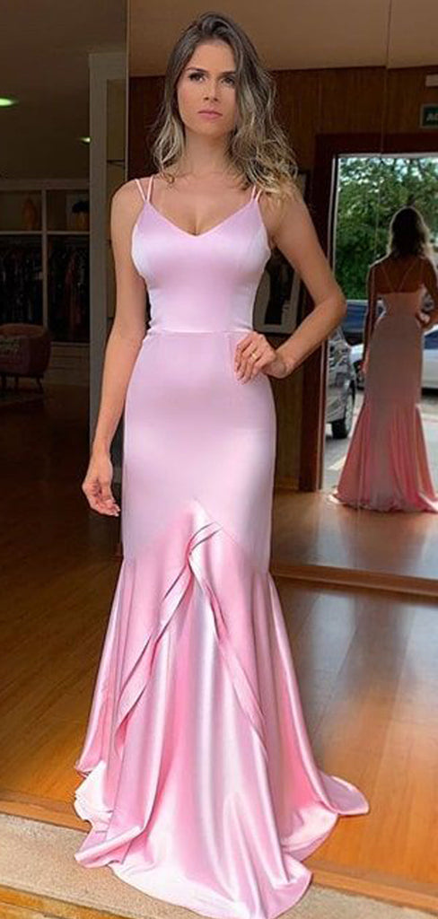 Sexy Pink Mermaid Spaghetti Straps V-neck Long Prom Dresses Online,12870