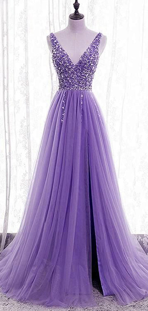 Sexy Purple A-line Straps V-neck Maxi Long Prom Dresses,Evening Dresses,12946