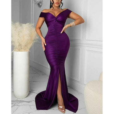 Sexy Purple Mermaid Off Shoulder V-neck Cheap Long Bridesmaid Dresses,WG1399