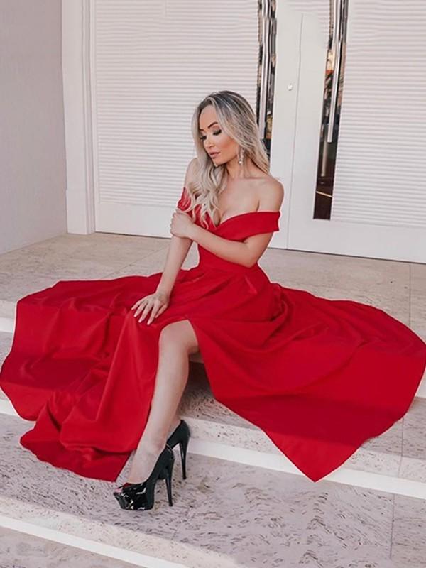 Sexy Red A-line Off Shoulder Side Slit Cheap Long Prom Dresses Online,12424