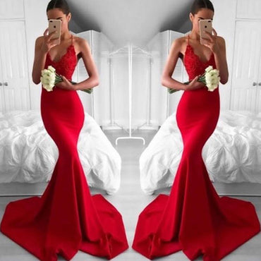 Sexy Red Mermaid Lace Evening Prom Dresses, Popular Bright Red Party Prom Dresses, Custom Long Prom Dresses, Cheap Formal Prom Dresses, 17197