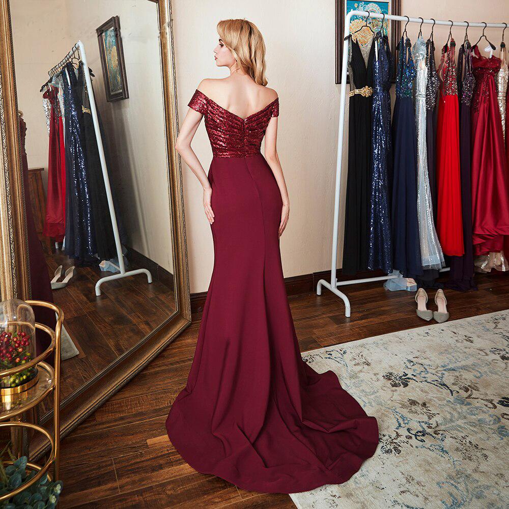 Sexy Red Mermaid Off Shoulder Sequin Long Party Prom Dresses Online,12363