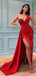 Sexy Red Mermaid One Shoulder High Slit Cheap Long Prom Dresses,12645
