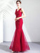 Sexy Red Mermaid V-neck Lace Applique Long Prom Dresses Online,12564