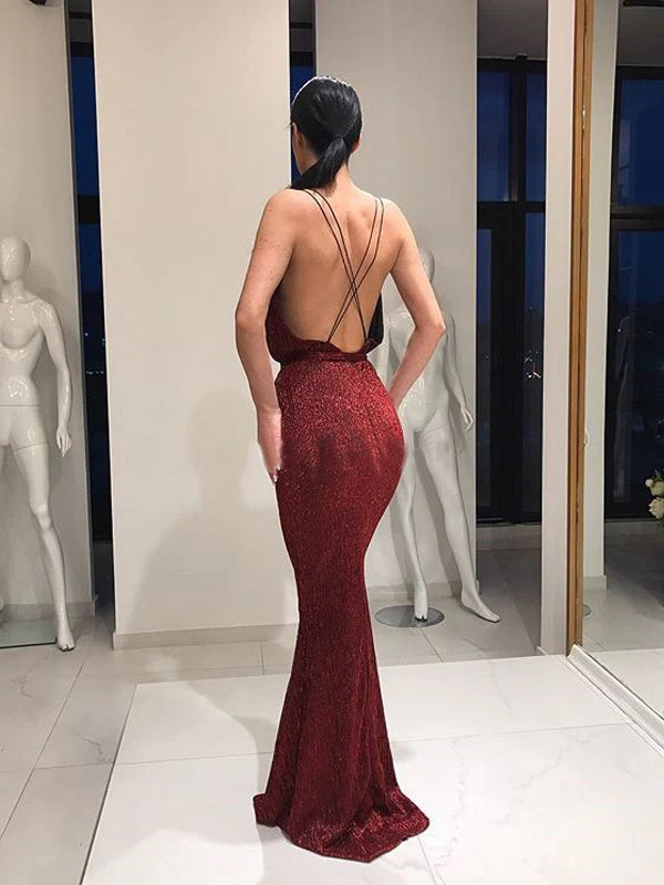 Sexy Red Mermaid V-neck Maxi Long Prom Dresses,Evening Dresses,12938