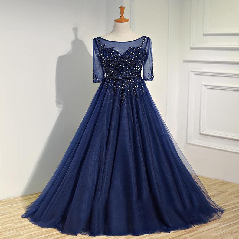 Sexy See Through Long Sleeve Navy Lace Beaded Long Evening Prom Dresses, Popular Cheap Long 2022 Party Prom Dresses, 17231