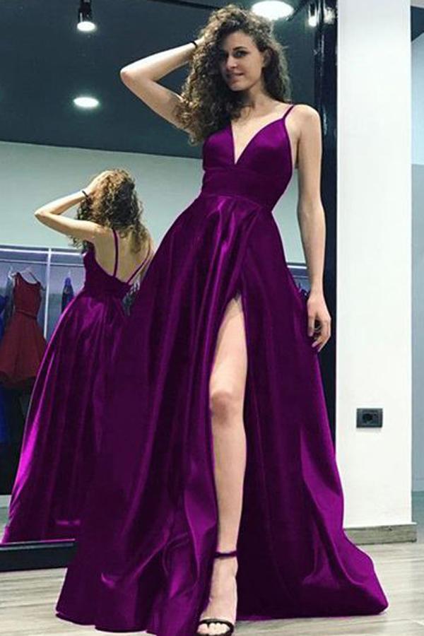 Sexy Side Slit Backless Spaghetti Straps A-line Long Evening Prom Dresses, 17693