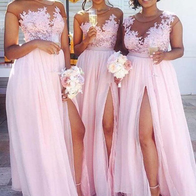 Sexy Side Slit Cap Sleeve Pink Custom Long Bridesmaid Dresses, WG233