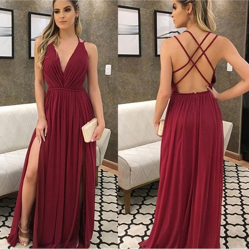 Sexy Side Slit Dark Red Chiffon Cheap Bridesmaid Dresses Online, WG767