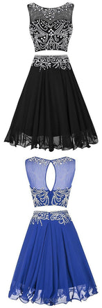 Sexy Two Pieces Beaded Lace Chiffon Homecoming Prom Dresses, Affordable Short Party Prom Sweet 16 Dresses, Perfect Homecoming Cocktail Dresses, CM354