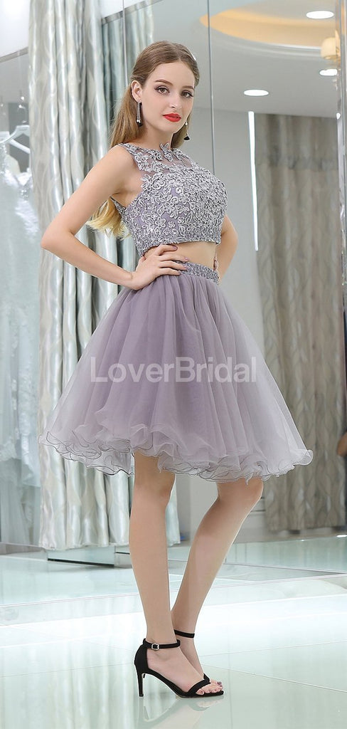 Sexy Two Pieces Grey Lace Cheap Homecoming Dresses Online, Cheap Short Prom Dresses, CM802