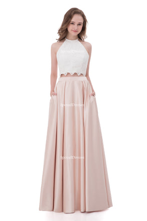 Sexy Two Pieces Lace Bodice Long Halter Evening Prom Dresses, Popular Cheap Long Party Prom Dresses, 17257