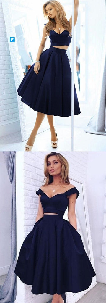 Sexy Two Pieces Off Shoulder Navy Blue Homecoming Prom Dresses, Affordable Short Party Prom Sweet 16 Dresses, Perfect Homecoming Cocktail Dresses, CM358