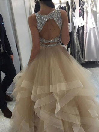 Sexy Two Pieces Open Back Heavily Beaded Tulle Long Evening Prom Dresses, Popular Cheap Long 2022 Party Prom Dresses, 17266