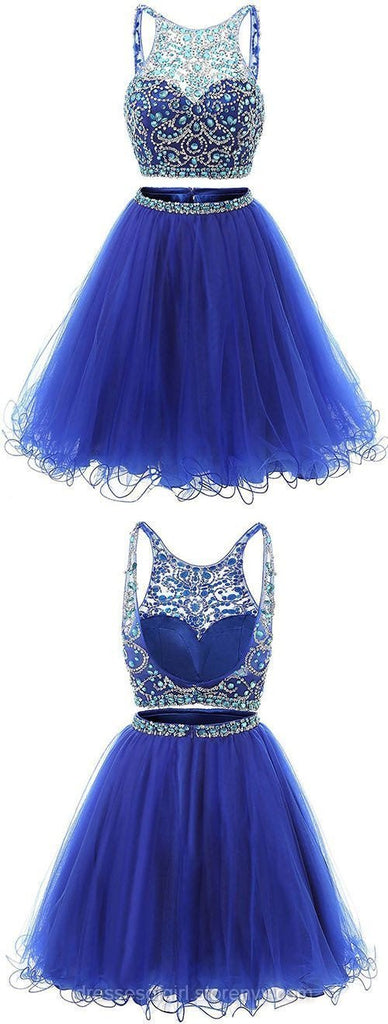 Sexy Two Pieces Royal Blue Beaded Tulle Homecoming Prom Dresses, Affordable Short Party Prom Sweet 16 Dresses, Perfect Homecoming Cocktail Dresses, CM352