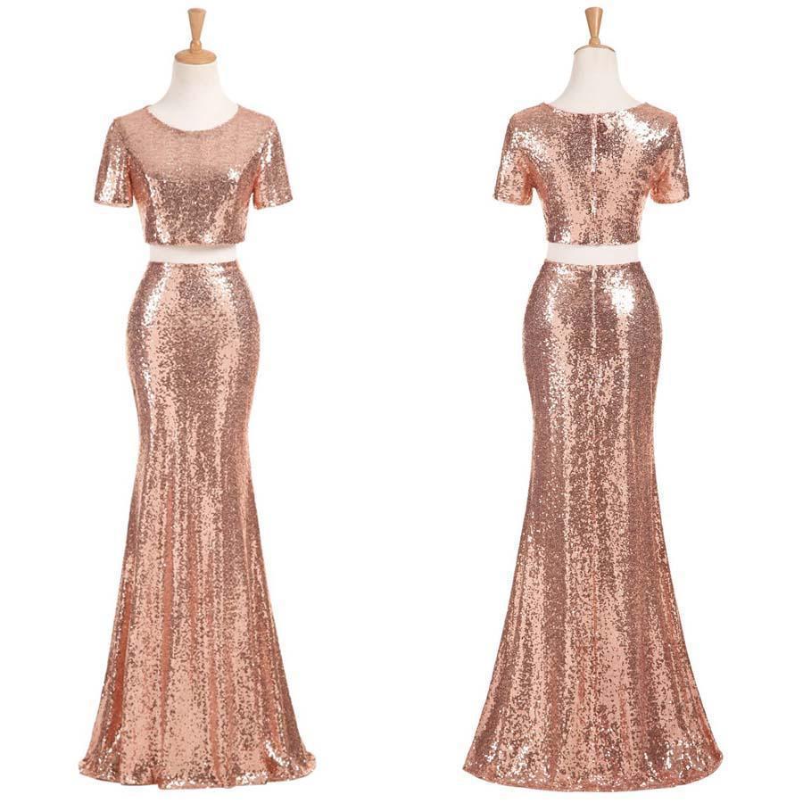 Sexy Two Pieces Short Sleeve Cheap Gold Sequin Long Bridesmaid Dresses, Affordable Unique Custom Long Bridesmaid Dresses, Affordable Bridesmaid Gowns, BD111