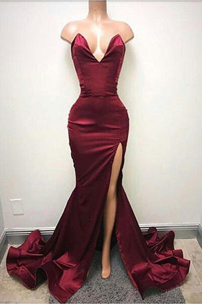 Sexy V Neck Burgundy Side Slit Mermaid Long Evening Prom Dresses, 17504