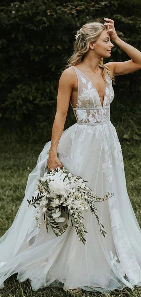 Sexy V-Neck Lace A-line Cheap Wedding Dresses Online, Cheap Bridal Dresses, WD616