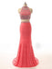 Sexy Watermelon Two Pieces Hight Neck Jersey Junior Affordable Evening Party Long Prom Dresses, WG232