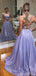 Shiny Purple A-line Two Pieces Backless Cheap Long Prom Dresses,12644