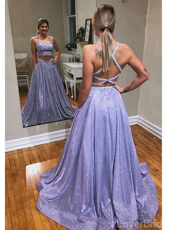 Shiny Purple A-line Two Pieces Backless Cheap Long Prom Dresses,12644
