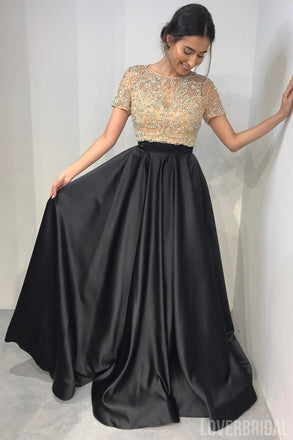 Short Sleeve Gold Beaded A line Black Long Evening Prom Dresses, 17653
