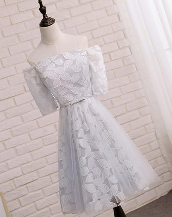 Short Sleeve Gray Leaf Lace Cute Homecoming Prom Dresses, Affordable Short Party Prom Sweet 16 Dresses, Perfect Homecoming Cocktail Dresses, CM339