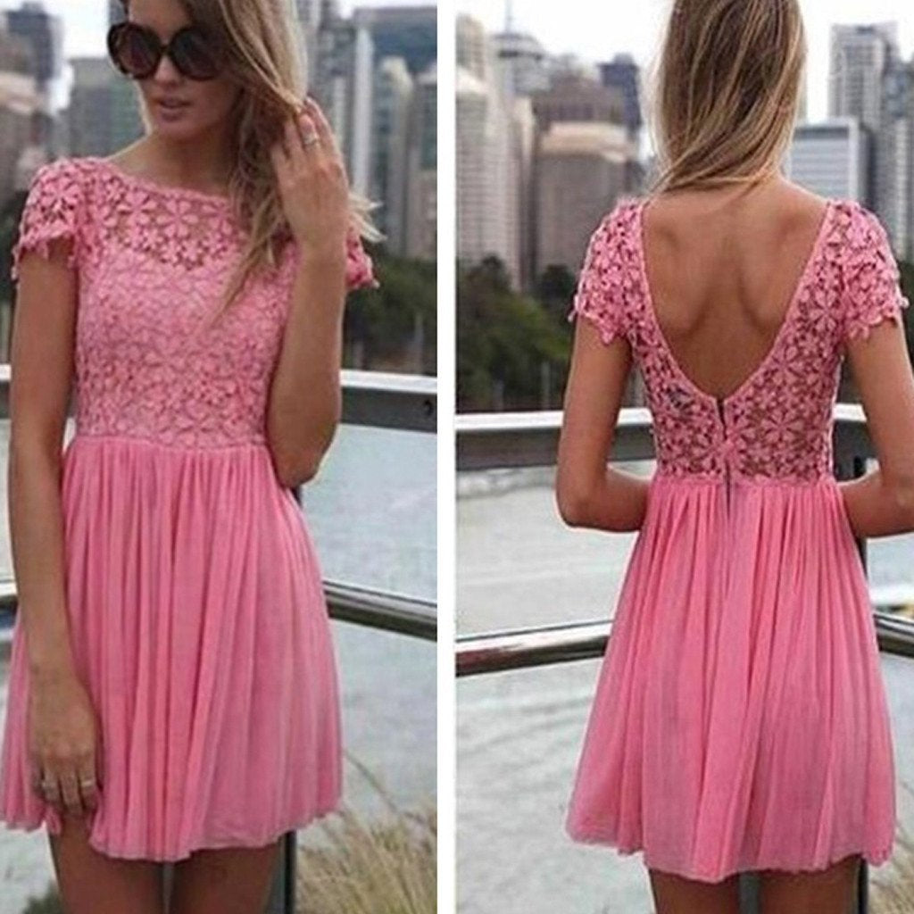Short sleeve peach pink lace open back freshman homecoming prom dress,BD0046