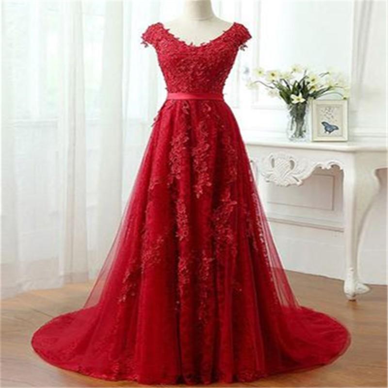 Short Sleeve Scoop Neckline Red Lace Beaded Long Evening Prom Dresses, Popular Cheap Long 2022 Party Prom Dresses, 17308