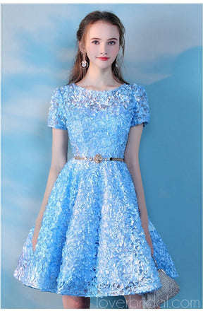 Short Sleeves Blue Lace Cheap Homecoming Dresses Online, Cheap Short Prom Dresses, CM777