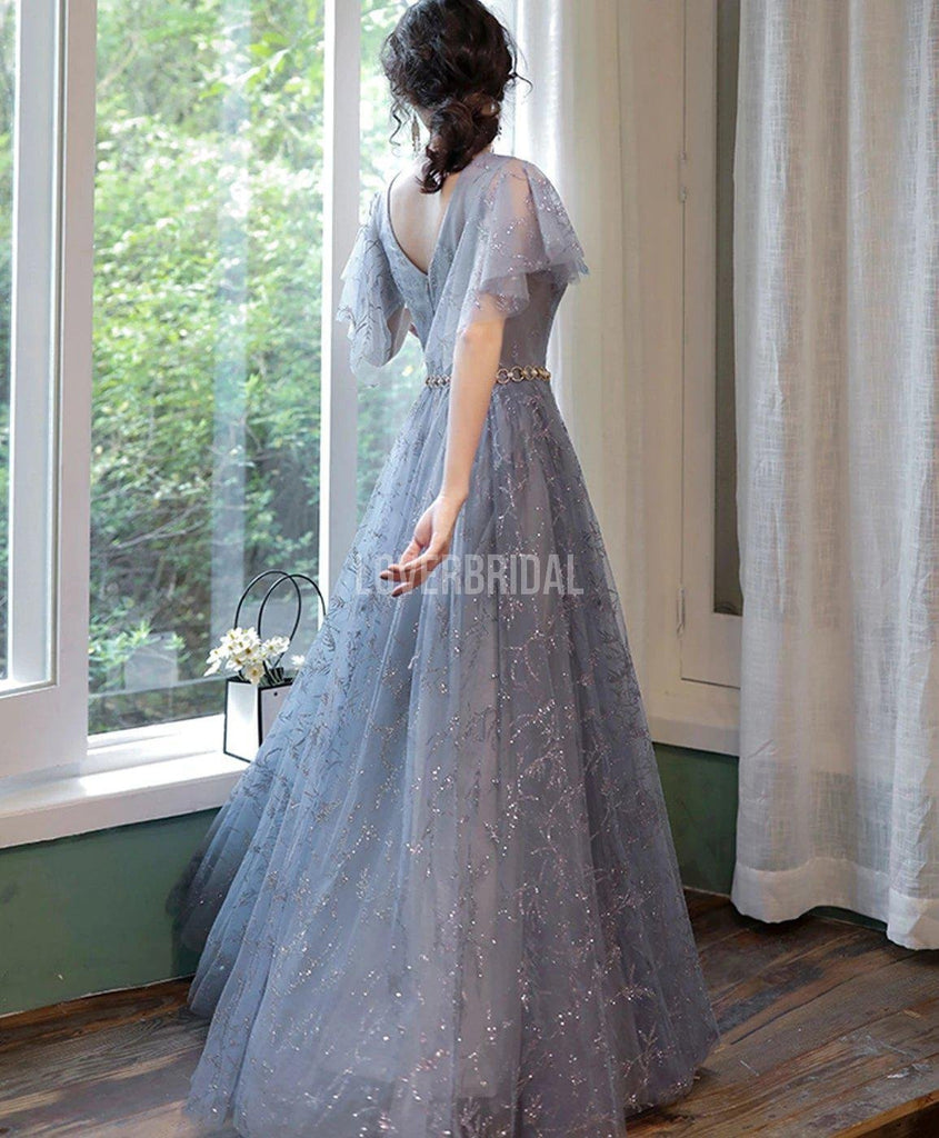 Short Sleeves Grey Lace Long Evening Prom Dresses, Evening Party Prom Dresses, 12218