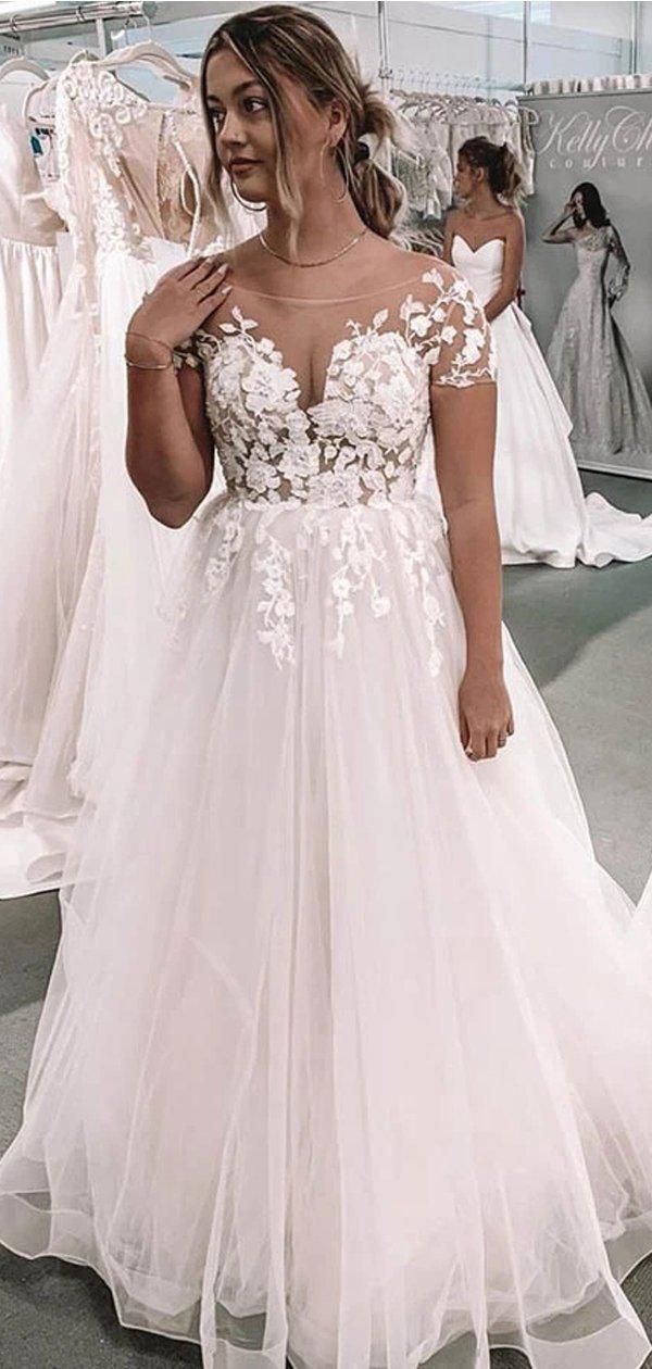 Short Sleeves Lace Applique Cheap Wedding Dresses Online, Cheap Bridal LoverBridal Short Sleeves Lace Applique Cheap Wedding Dresses Online, Cheap Bridal LoverBridal