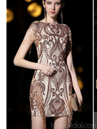 Short Sleeves Sparkly Gold Sequin Cheap Homecoming Dresses Online, Cheap Short Prom Dresses, CM773