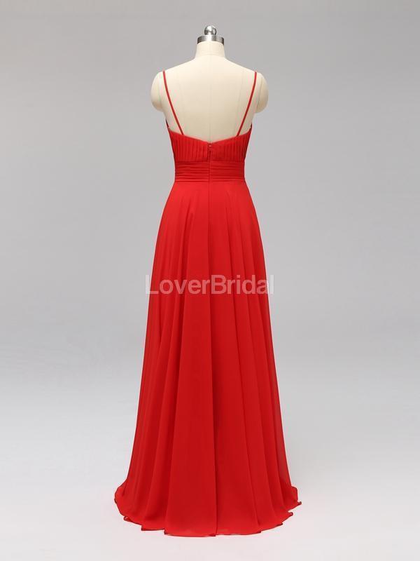 Side Slit Spaghetti Straps Red Chiffon Long Cheap Bridesmaid Dresses Online, WG592
