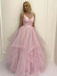Simple A-line Pink Spaghetti Straps V-neck Cheap Long Prom Dresses Online,12490
