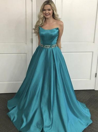 Simple Beaded Belt Turquoise A-line Long Evening Prom Dresses, 17640