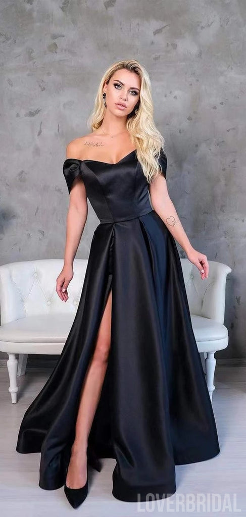 Simple Black A-line Off Shoulder Side Slit Long Prom Dresses Online,12596