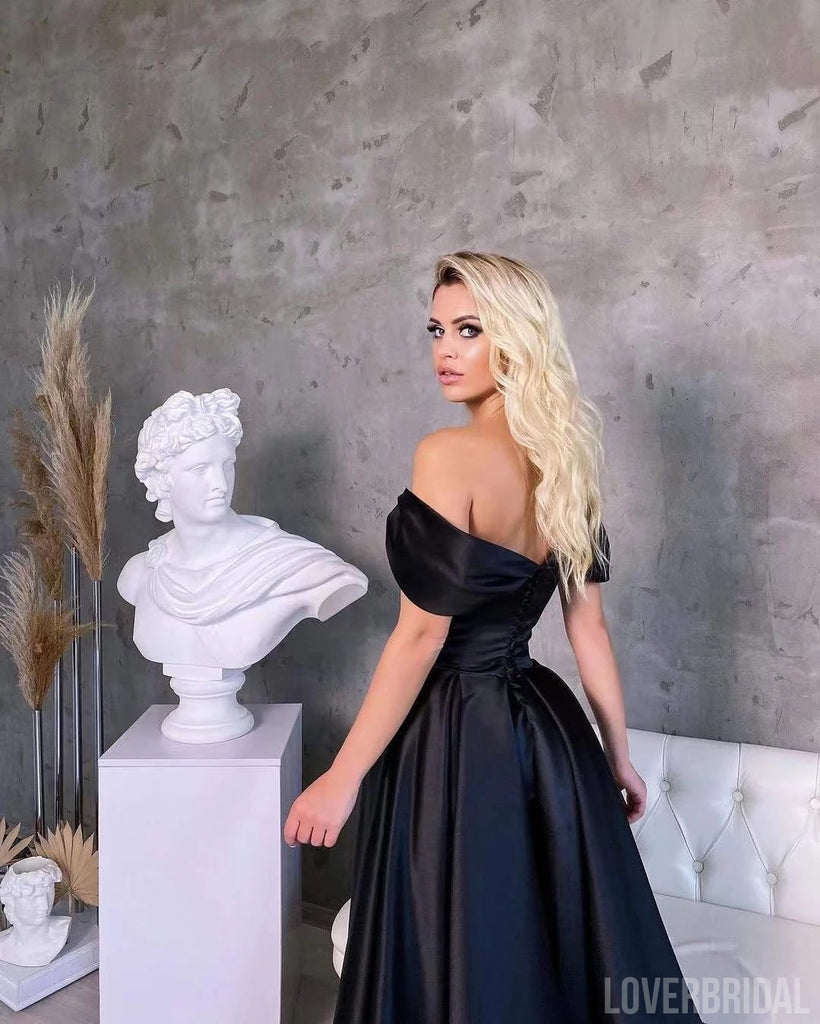 Simple Black A-line Off Shoulder Side Slit Long Prom Dresses Online,12596