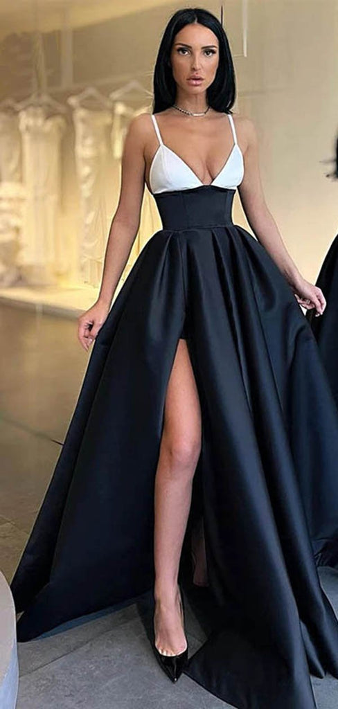 Simple Black A-line V-neck Spaghetti Straps High Slit  Long Prom Dresses Online,12532