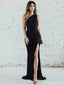 Simple Black Mermaid One Shoulder High Slit Cheap Long Prom Dresses,12653