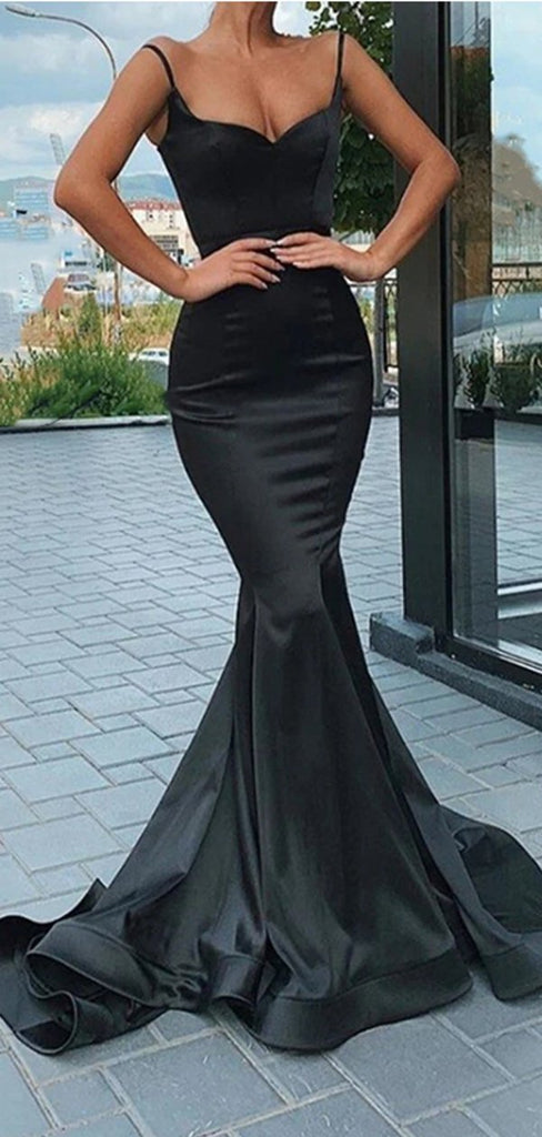 Simple Black Mermaid Spaghetti Straps Cheap Long Prom Dresses Online,12547