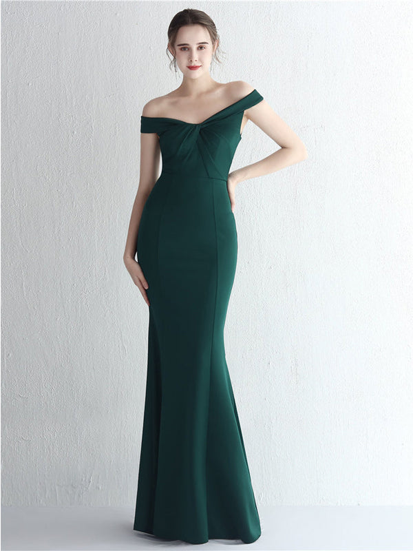 Simple Emerald Green Mermaid Off Shoulder Long Prom Dresses Online,12831