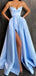 Simple Light Blue A-line Spaghetti Straps High Slit Cheap Long Prom Dresses Online,12384