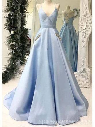 Simple Light Blue Long Evening Prom Dresses With Pockets, Cheap Custom Party Prom Dresses, 18596